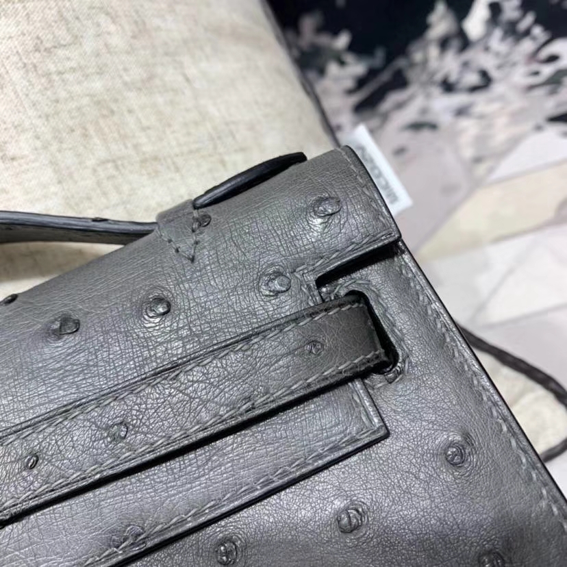 爱马仕迷你凯莉包 Hermes Minikelly22CM 8F锡器灰南非鸵鸟皮 金扣