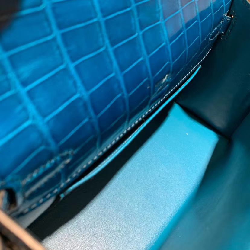 Hermes Minikelly22CM 爱马仕希腊蓝亮光鳄鱼皮迷你凯莉包手包 金扣