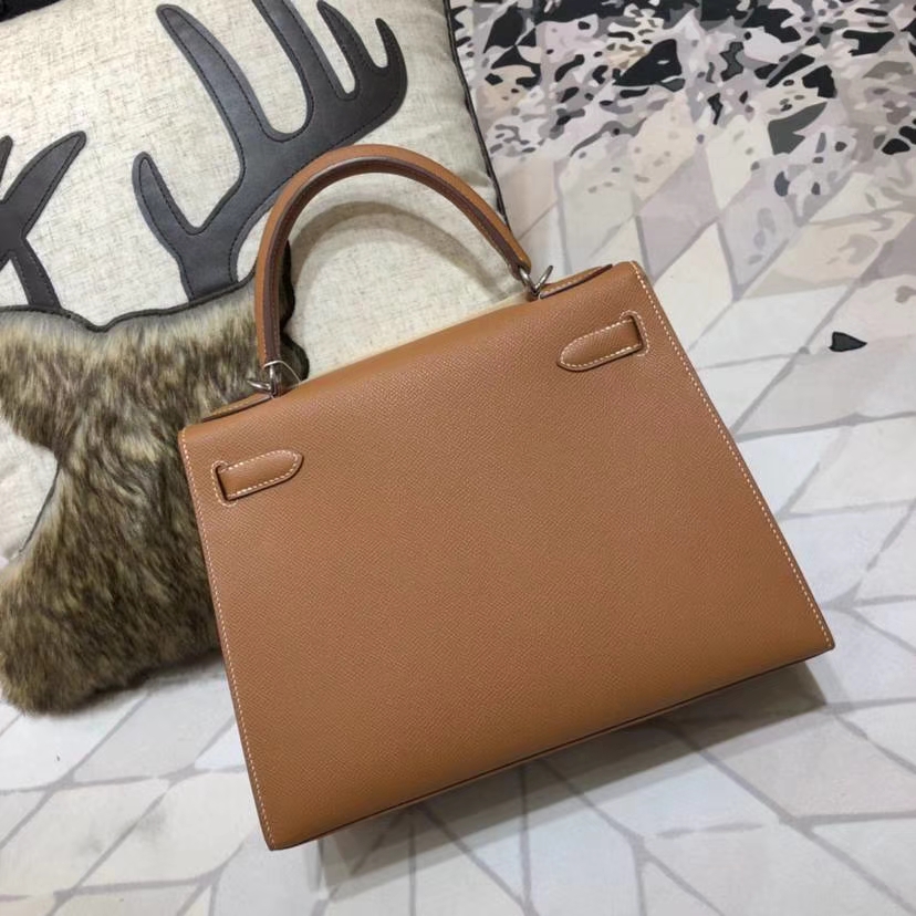 Hermes Kelly28CM 爱马仕土黄色顶级掌纹牛皮凯莉包Kelly女包 银扣
