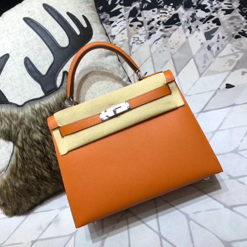 爱马仕凯莉包尺寸 Hermes Kelly28CM 橙色顶级掌纹牛皮手提女包 银扣