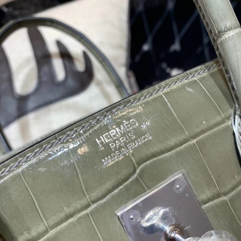 纯手工缝制 Hermes爱马仕亮光尼罗鳄鱼皮铂金包Birkin35CM 大象灰 银扣