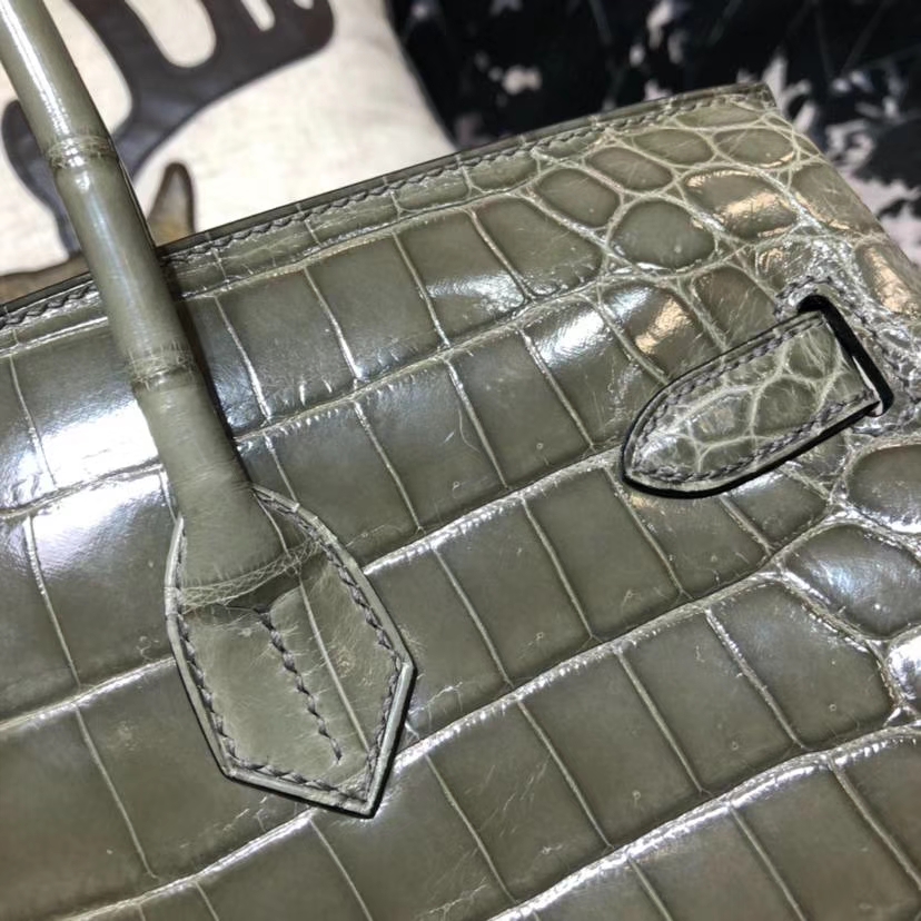 纯手工缝制 Hermes爱马仕亮光尼罗鳄鱼皮铂金包Birkin35CM 大象灰 银扣