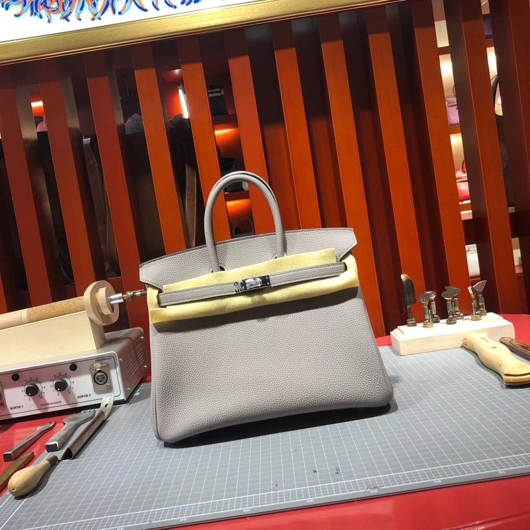 爱马仕Birkin包包 Hermes顶级Togo牛皮铂金包Birkin25CM 1F钻石灰 金扣