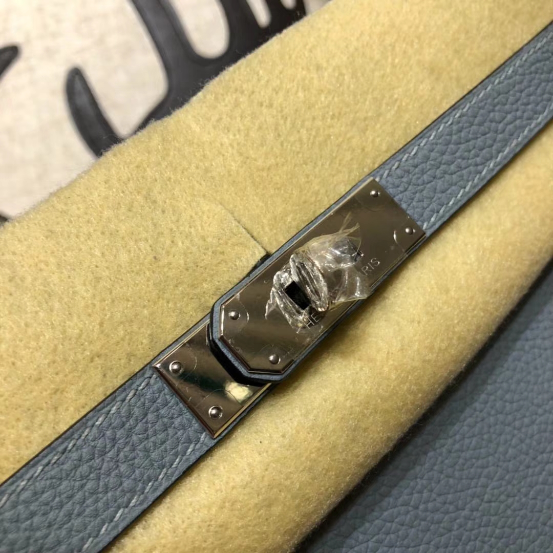 爱马仕经典女包 Hermes Kelly32CM 亚麻蓝原厂Togo小牛皮凯莉包 银扣