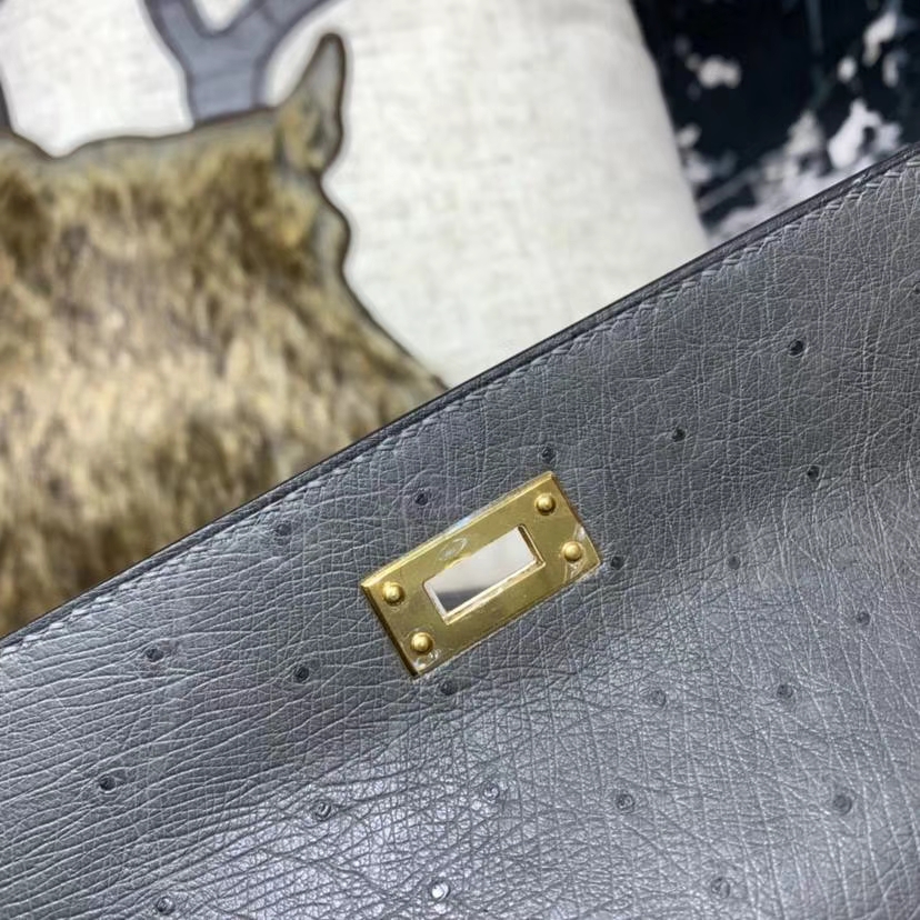 爱马仕迷你凯莉包 Hermes Minikelly22CM 8F锡器灰南非鸵鸟皮 金扣