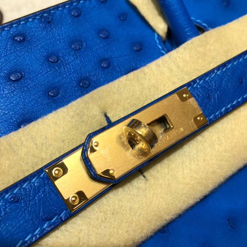 爱马仕包包官网 Hermes Birkin30CM 水妖蓝南非鸵鸟皮铂金包 金扣