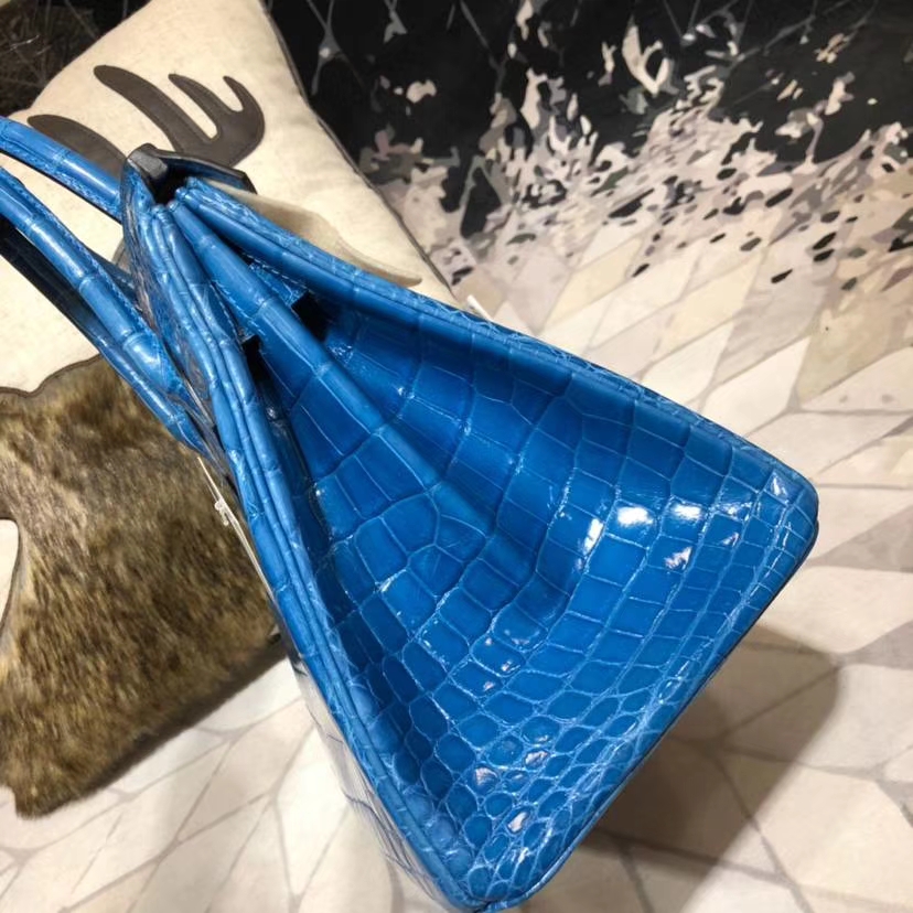 Hermes Birkin30CM 爱马仕希腊蓝亮光尼罗鳄鱼皮铂金包 银扣