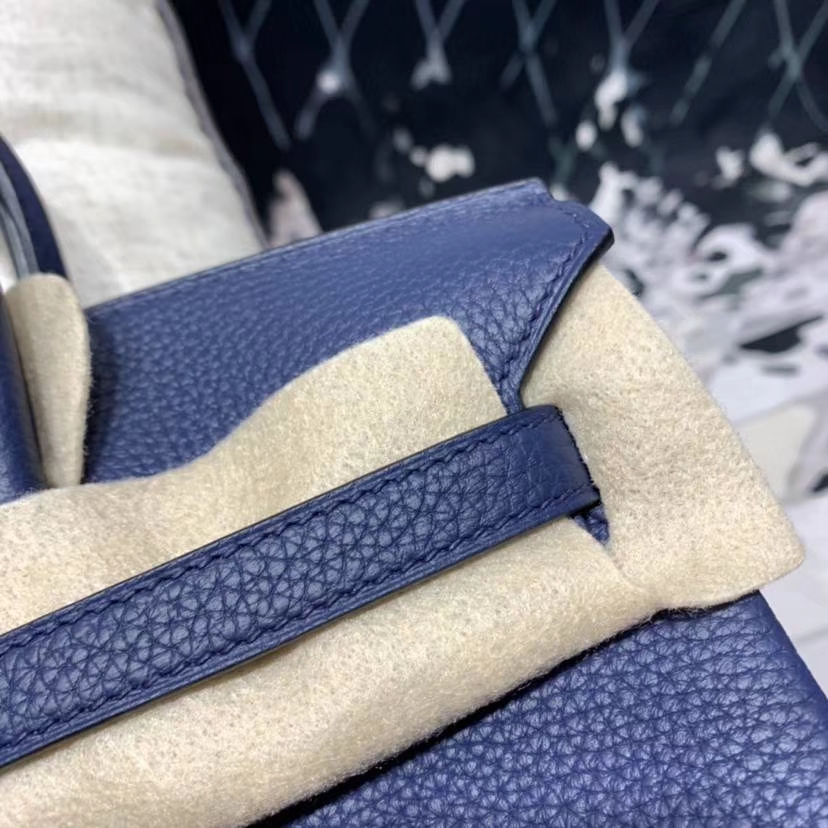 Hermes女包价格 爱马仕宝石蓝拼绿色Togo牛皮竖条铂金包Birkin25CM 银扣
