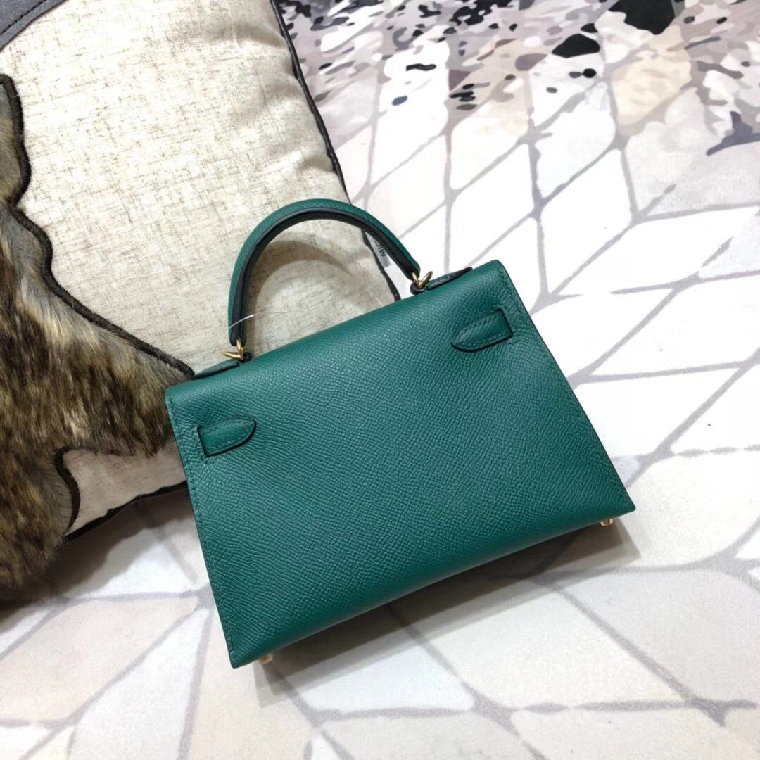 Hermes Minikelly2代 爱马仕孔雀绿原厂 御用掌纹牛皮迷你凯莉包2代 金扣