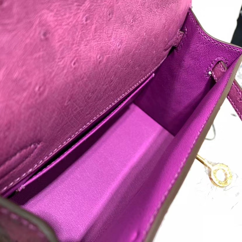 Hermes Minikelly Pochette22CM 爱马仕南非鸵鸟皮迷你凯莉包 梅紫色 金扣