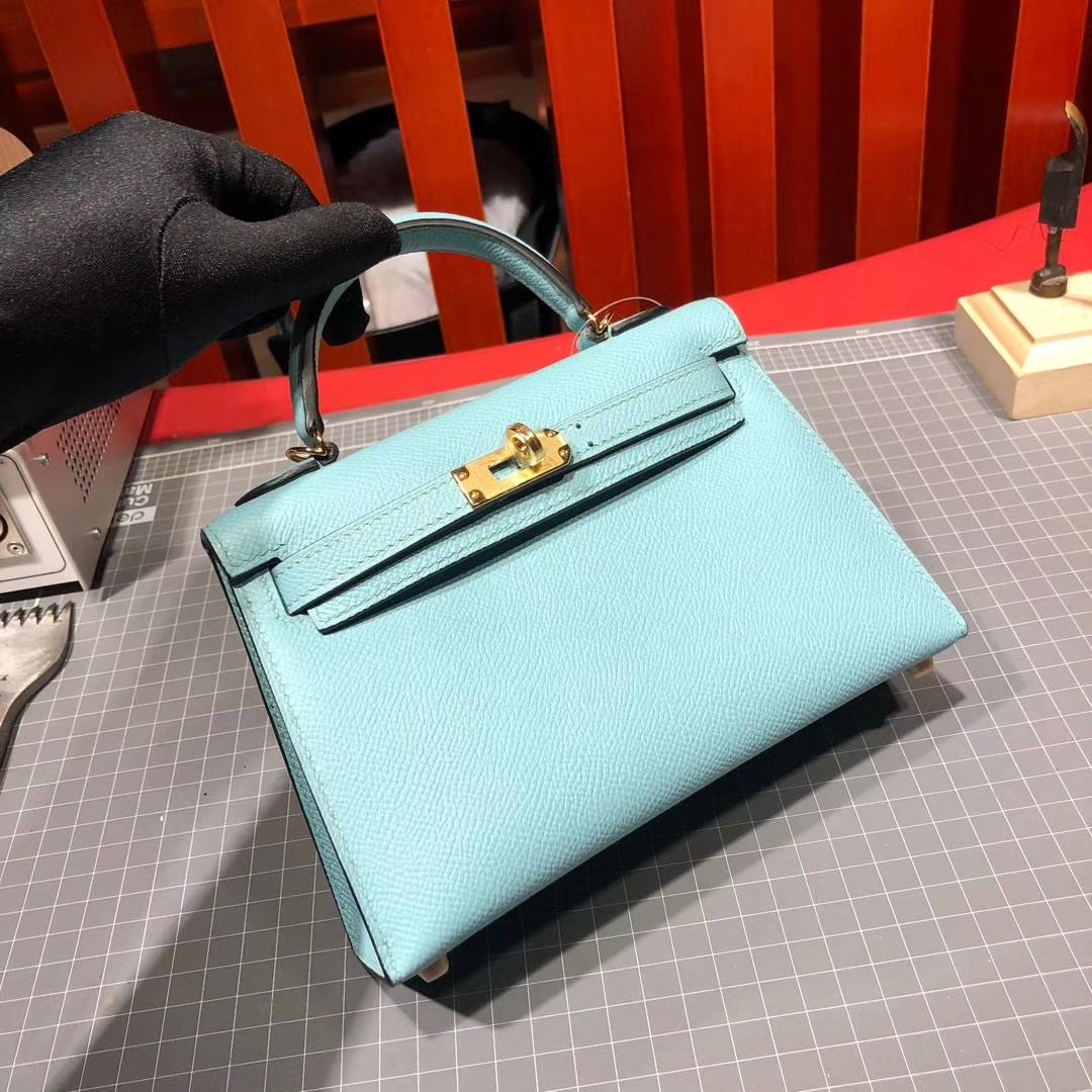 Hermes Minikelly2代 爱马仕顶级Epsom牛皮迷你凯莉包2代晚宴包 马卡龙蓝 金扣