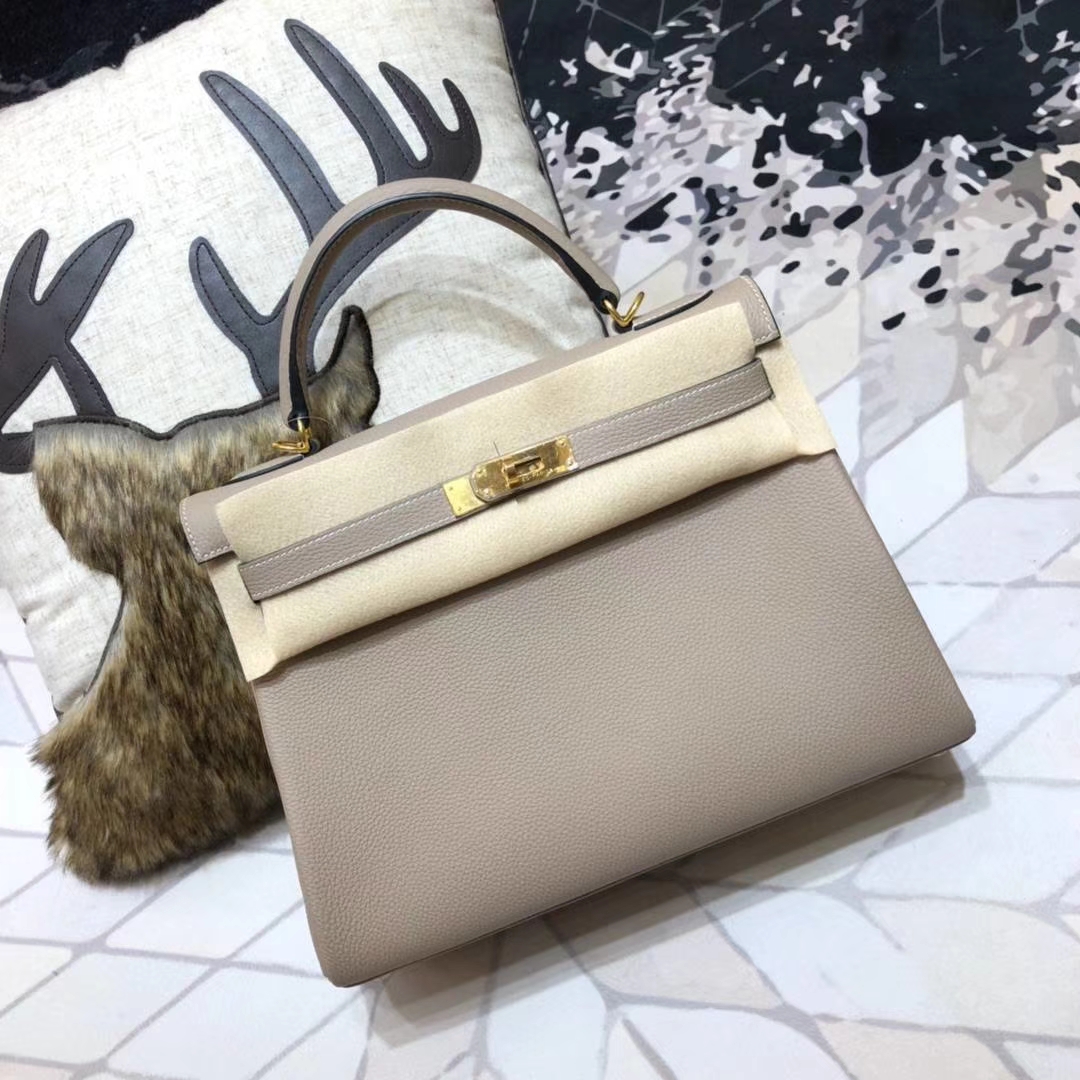 爱马仕凯莉包尺寸 Hermes Kelly32CM 浅灰色原厂御用小牛皮 金扣