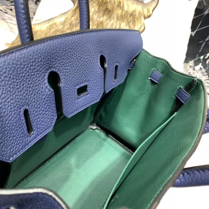 Hermes女包价格 爱马仕宝石蓝拼绿色Togo牛皮竖条铂金包Birkin25CM 银扣