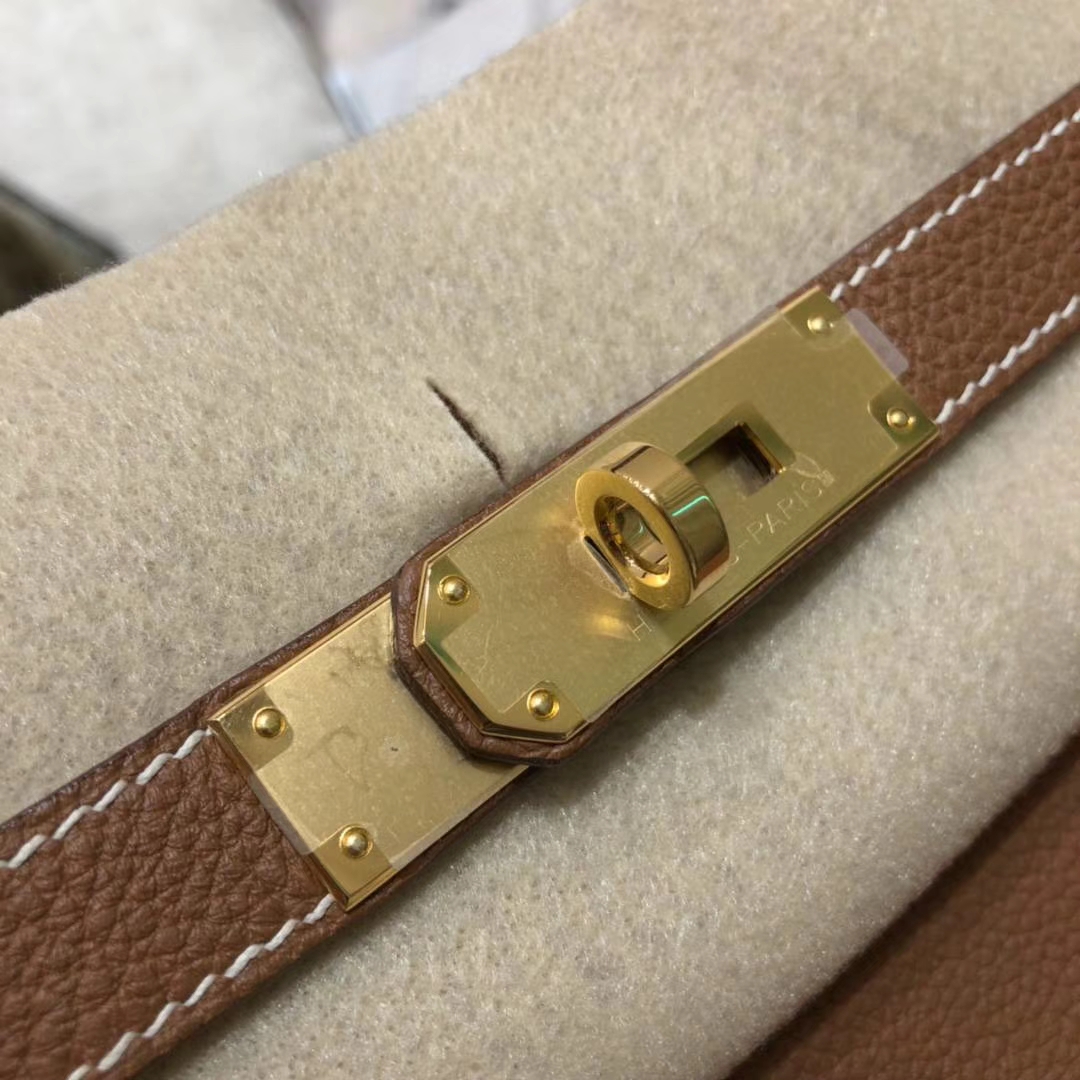 厂家直销 Hermes爱马仕土黄色原厂Togo小牛皮凯莉包Kelly32CM 金扣
