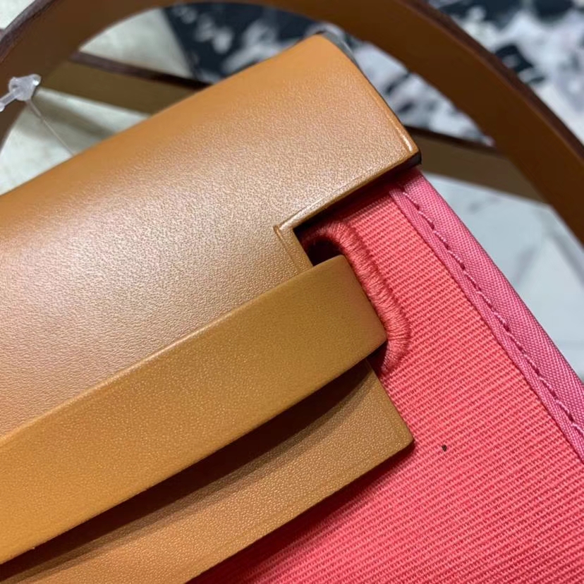 Hermes Herbag31CM 爱马仕唇膏粉帆布拼马鞍皮休闲手提单肩包