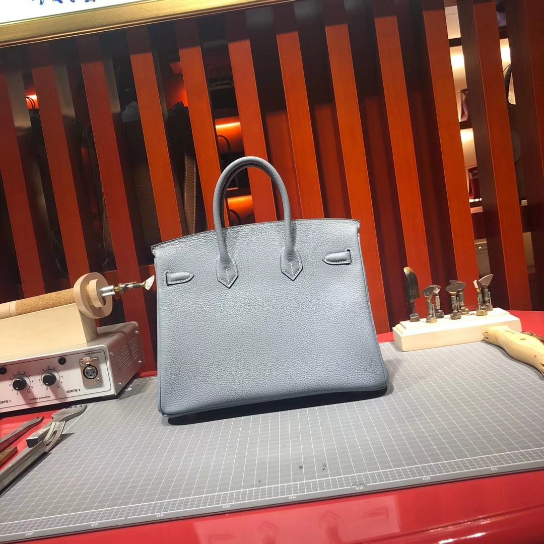 顶级工艺 Hermes爱马仕J7亚麻蓝原厂荔枝纹牛皮Birkin25CM铂金包 金扣