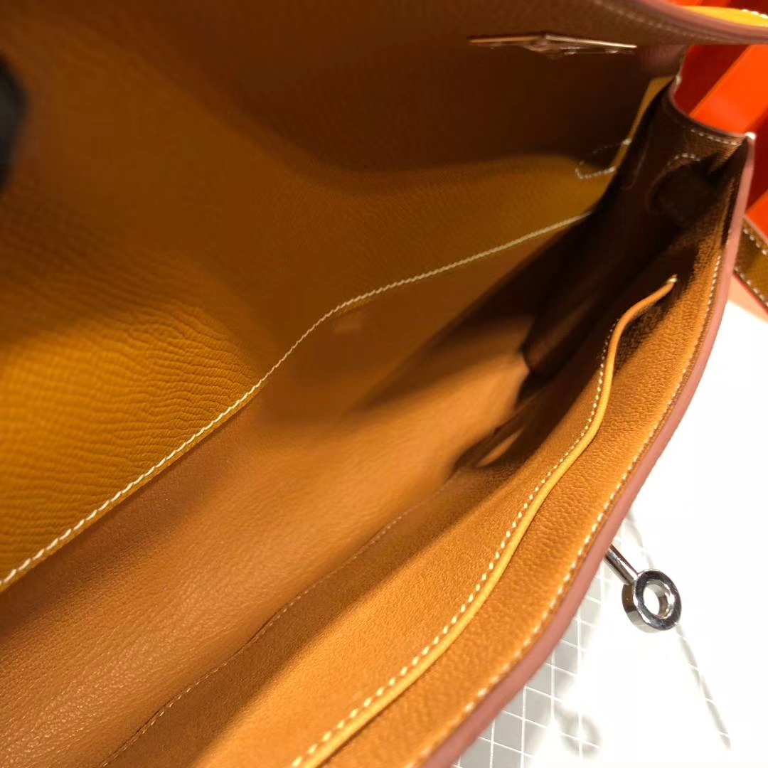 爱马仕手拿包 Hermes Kelly Cut CK75土黄色原厂掌纹牛皮晚宴包 银扣