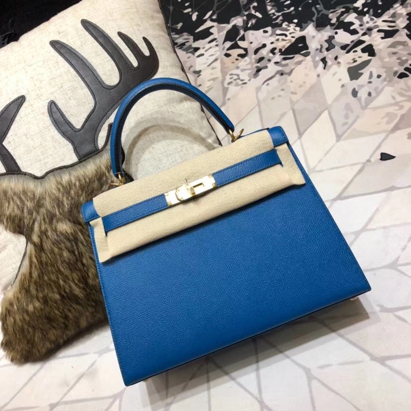 Hermes Kelly28CM 爱马仕经典女包 普鲁士蓝顶级掌纹牛皮外缝凯莉包 金扣