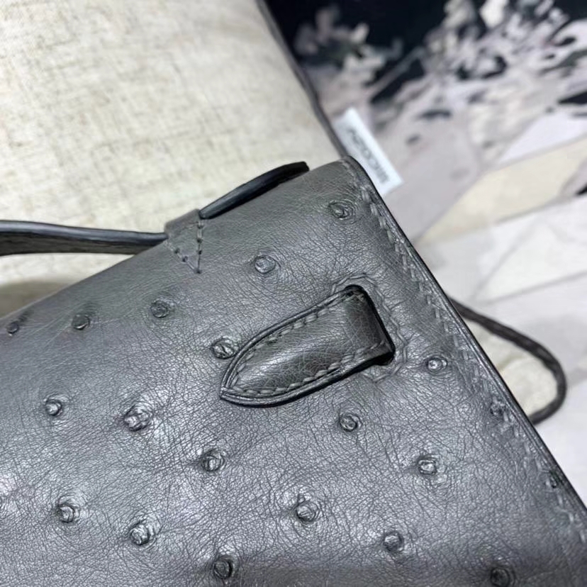 爱马仕迷你凯莉包 Hermes Minikelly22CM 8F锡器灰南非鸵鸟皮 金扣