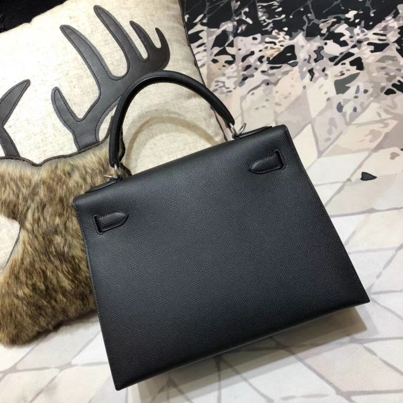 爱马仕女包批发 Hermes Kelly28CM 黑色顶级Epsom牛皮凯莉包 银扣