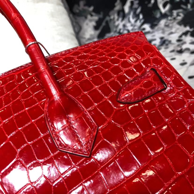 厂家直销 Hermes爱马仕Birkin30铂金包 法拉利红亮光尼罗鳄鱼皮 金扣