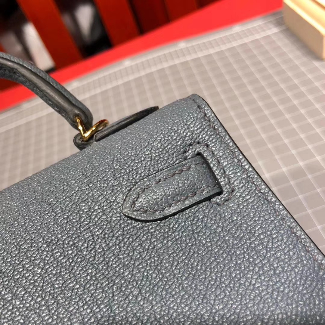 爱马仕迷你凯莉包2代 Hermes Minikelly2代 N7风暴蓝顶级山羊皮 金扣