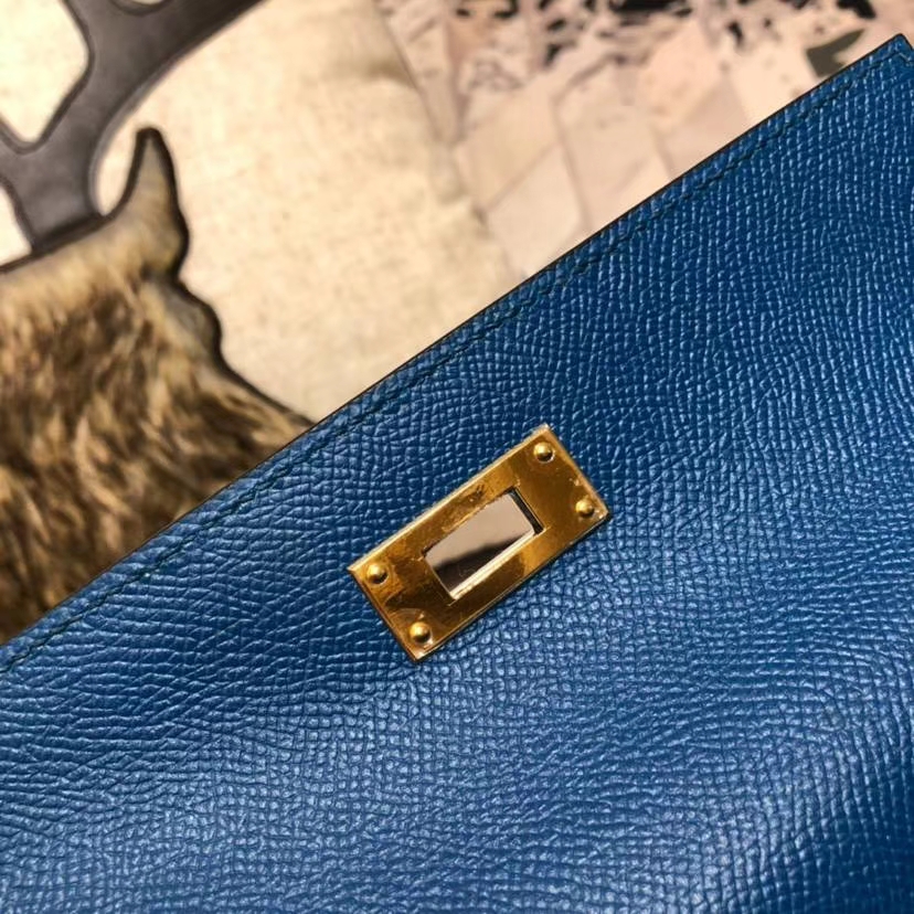 Hermes Kelly28CM 爱马仕经典女包 普鲁士蓝顶级掌纹牛皮外缝凯莉包 金扣