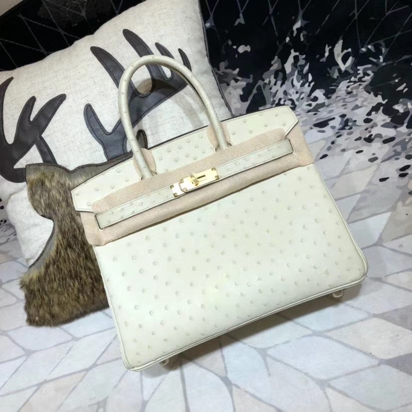 Hermes Birkin30CM 爱马仕羊毛白南非鸵鸟皮铂金包Birkin女包 金扣