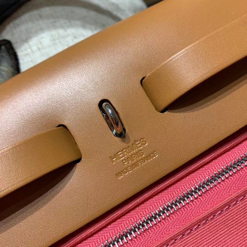 Hermes Herbag31CM 爱马仕唇膏粉帆布拼马鞍皮休闲手提单肩包