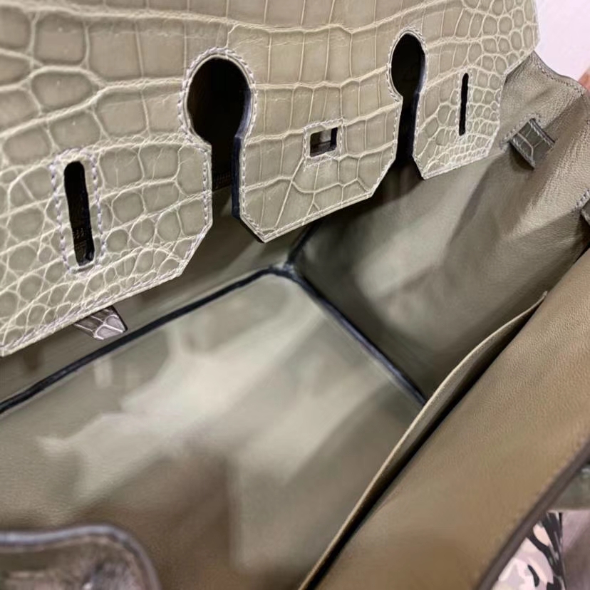纯手工缝制 Hermes爱马仕亮光尼罗鳄鱼皮铂金包Birkin35CM 大象灰 银扣
