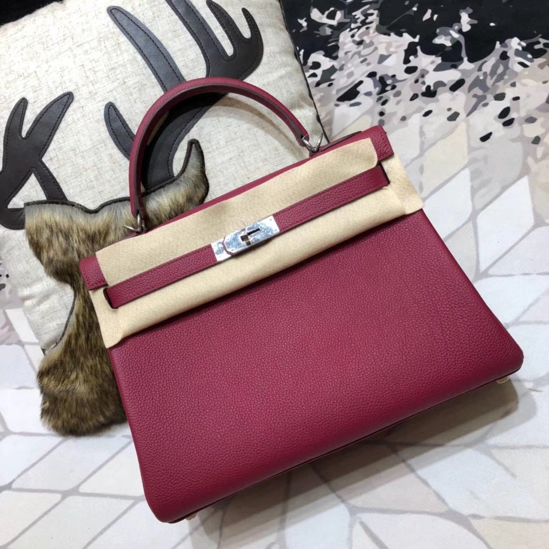 爱马仕Kelly女包 Hermes Kelly32CM 宝石红原厂Togo牛皮 银扣