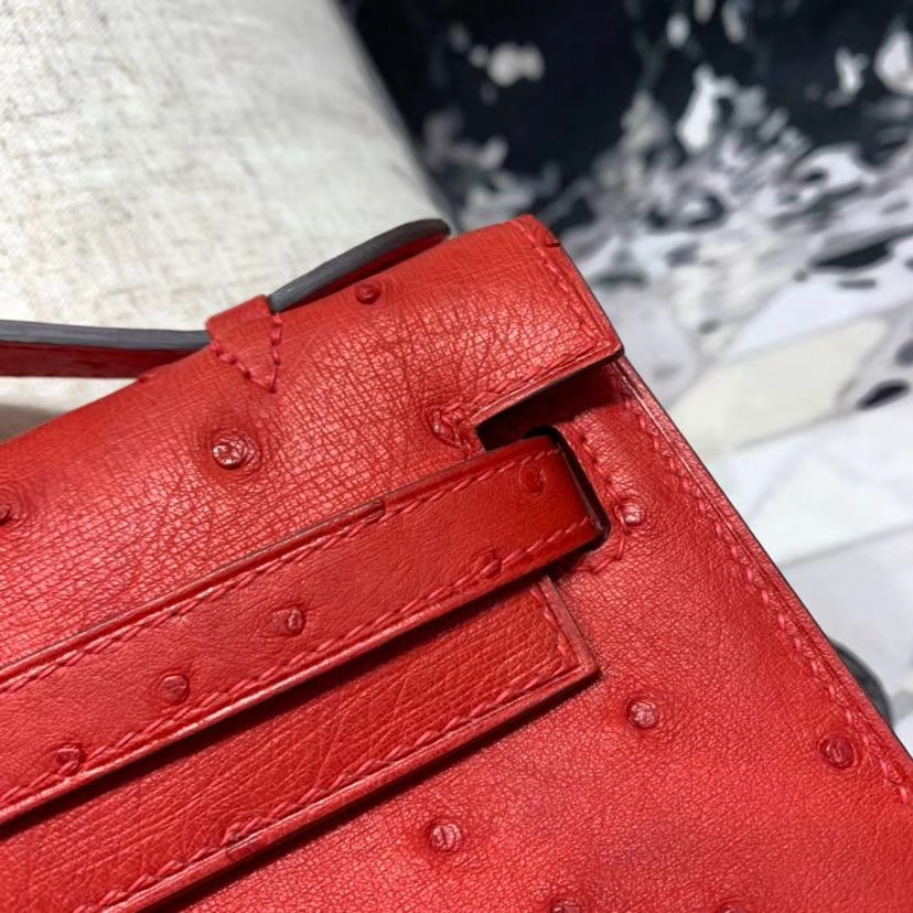 爱马仕迷你凯莉包 Hermes Minikelly Pochette22CM 51中国红南非鸵鸟皮 金扣