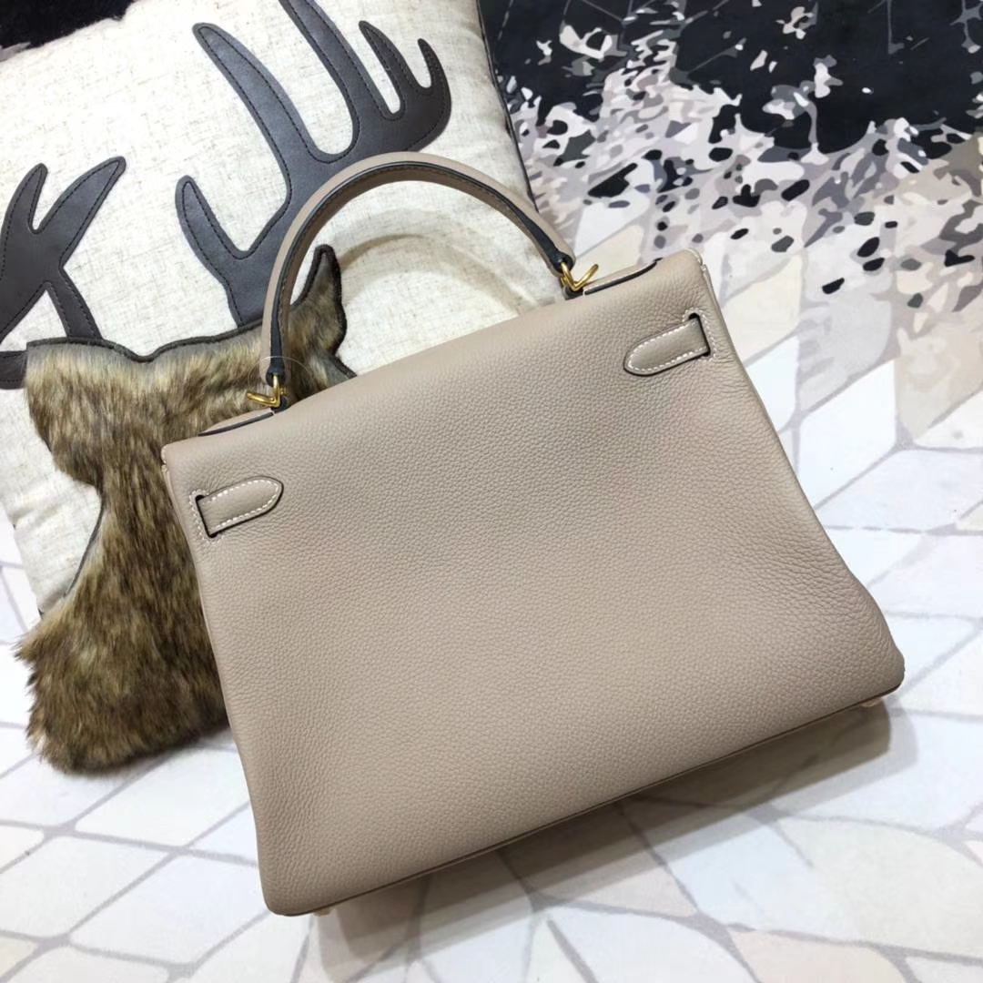 爱马仕凯莉包尺寸 Hermes Kelly32CM 浅灰色原厂御用小牛皮 金扣