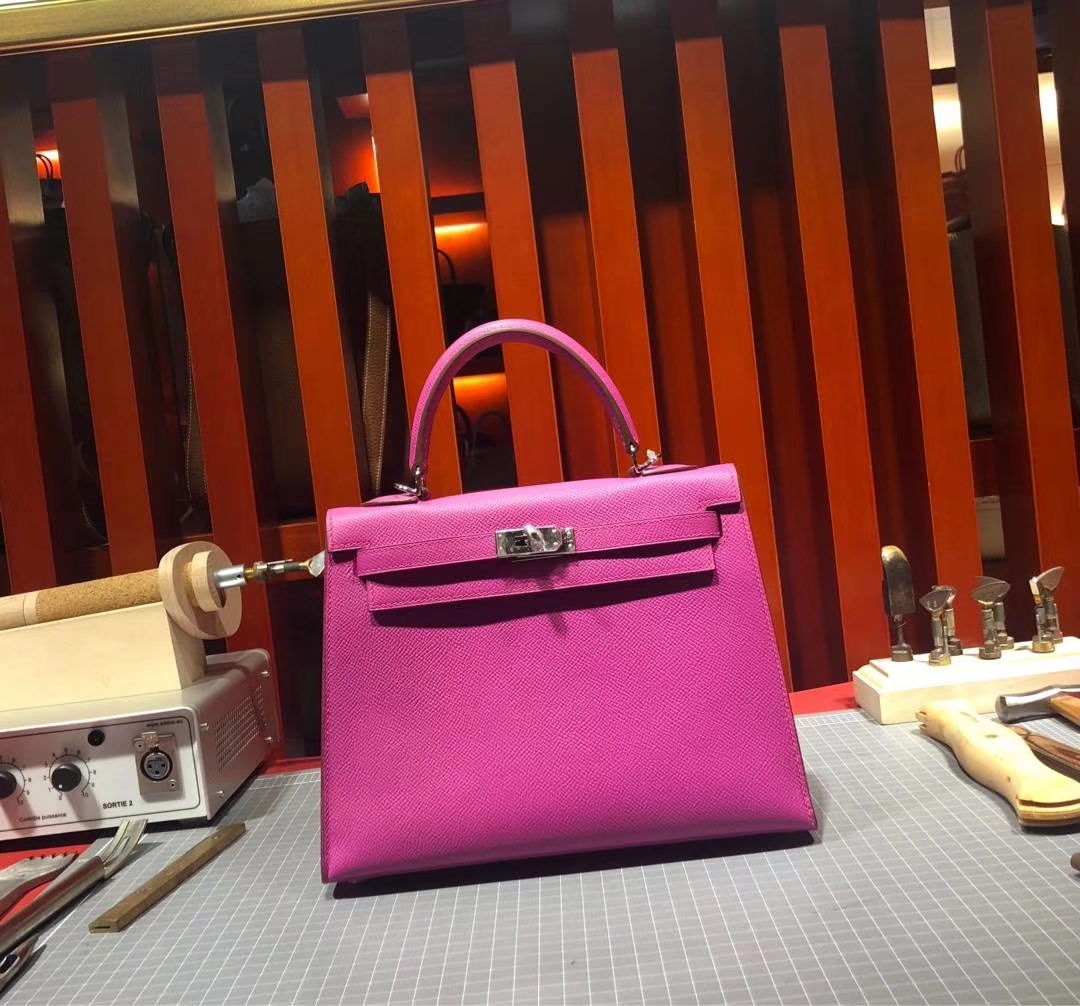 爱马仕Kelly女包 Hermes Kelly25CM 玉兰粉顶级Epsom牛皮凯莉包 银扣