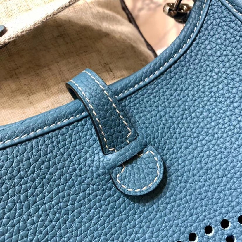 Hermes Evelyne17CM 爱马仕牛仔蓝原厂Togo牛皮伊芙林单肩斜挎包包 银扣