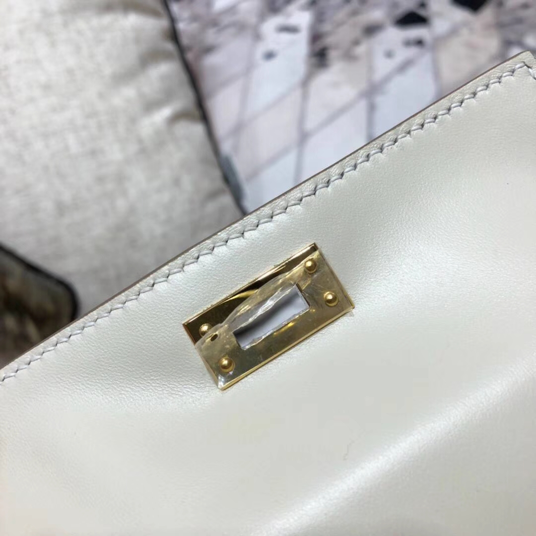 爱马仕Minikelly2代手包 Hermes奶昔白原厂Epsom牛皮迷你凯莉包2代 金扣