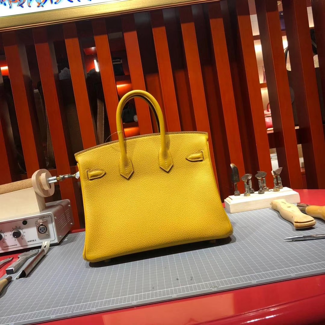 爱马仕铂金包 Hermes Birkin25CM 法国顶级Togo牛皮 18年新色9D琥珀黄 金扣