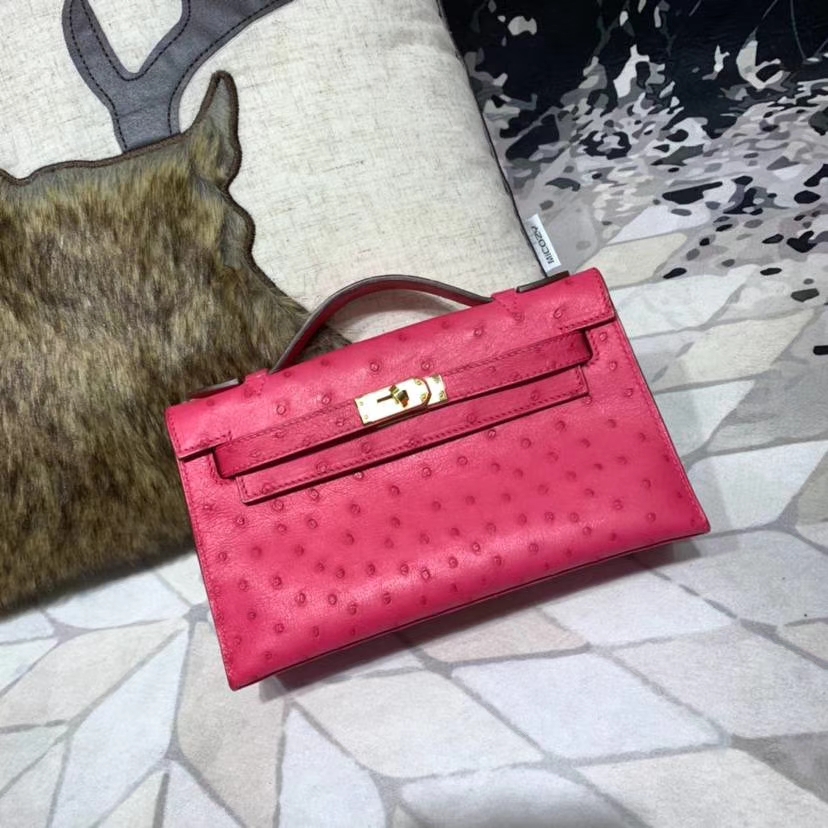 厂家直销 Hermes爱马仕E5玫红色南非鸵鸟皮迷你凯莉包Minikelly Pochette22CM 金扣