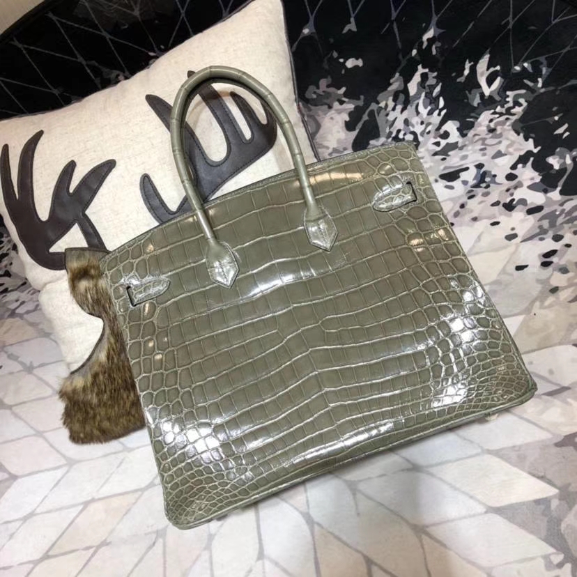 纯手工缝制 Hermes爱马仕亮光尼罗鳄鱼皮铂金包Birkin35CM 大象灰 银扣
