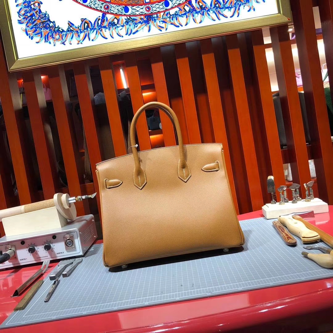 爱马仕铂金包定制 Hermes Birkin30CM ck75土黄色原厂Epsom牛皮 金扣