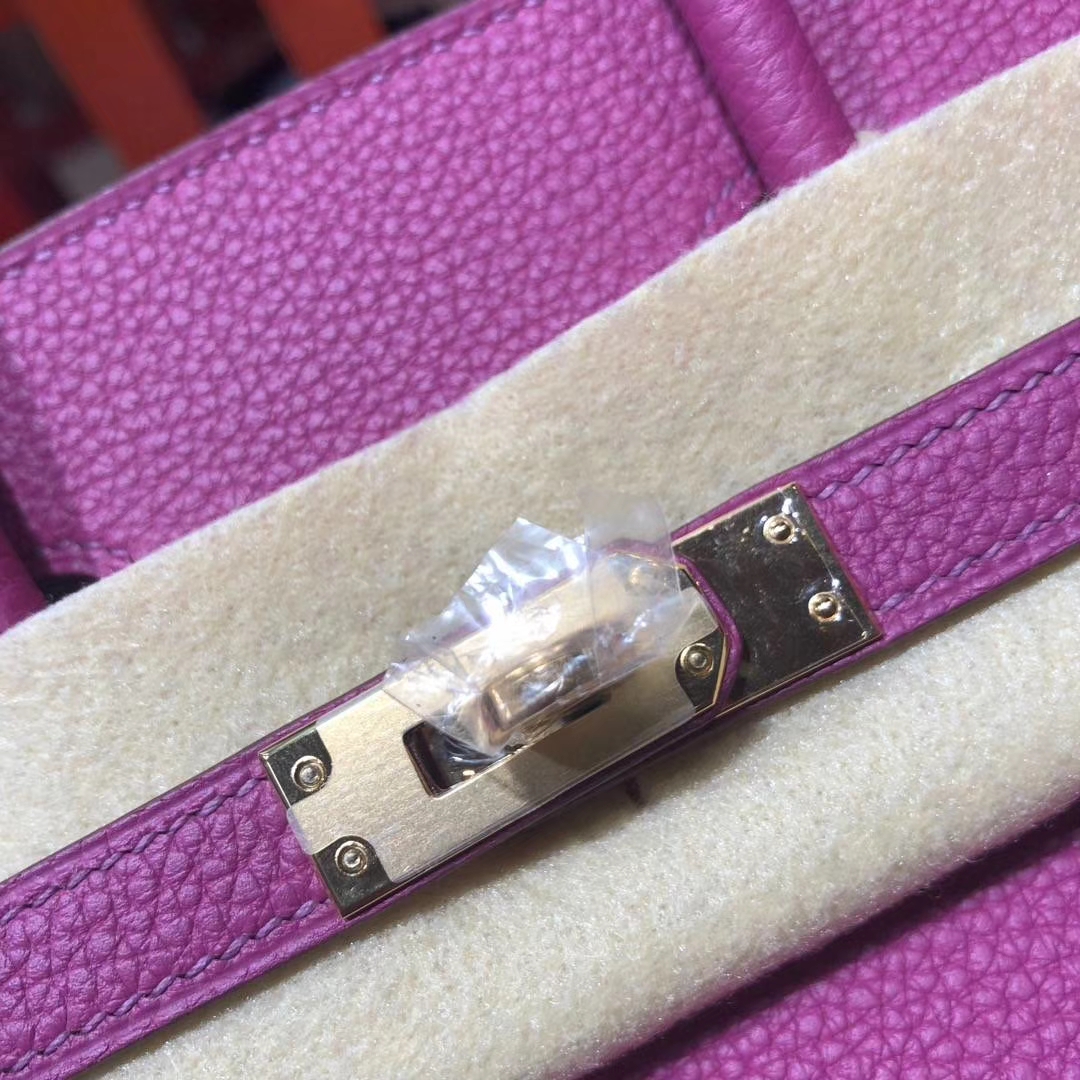 Hermes包包定制 爱马仕L3玫瑰紫法国顶级Togo皮铂金包Birkin25CM 金扣