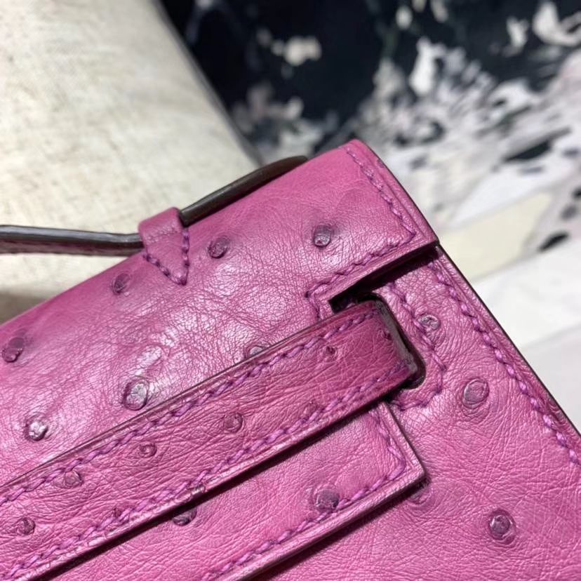 Hermes Minikelly Pochette22CM 爱马仕南非鸵鸟皮迷你凯莉包 梅紫色 金扣