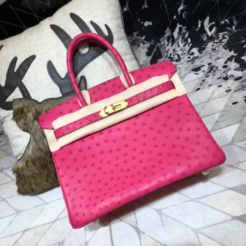 广州包包批发 Hermes爱马仕桃红色南非鸵鸟皮铂金包Birkin30CM 金扣