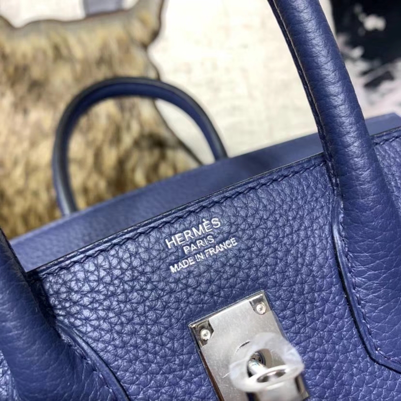 Hermes女包价格 爱马仕宝石蓝拼绿色Togo牛皮竖条铂金包Birkin25CM 银扣