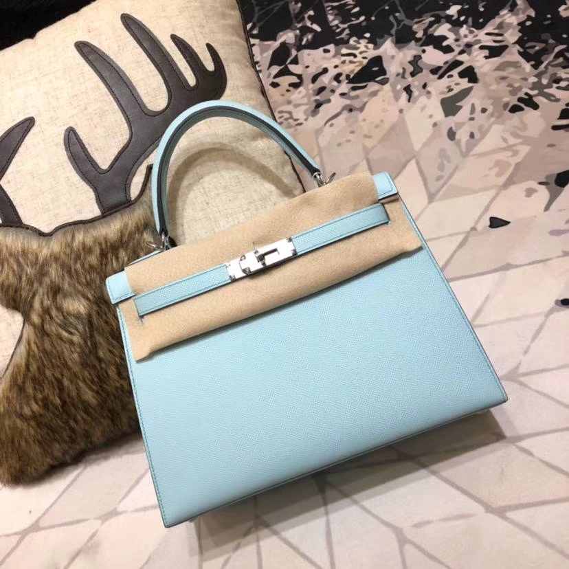 爱马仕Kelly包包 Hermes马卡龙蓝顶级Epsom牛皮凯莉包Kelly28CM 银扣