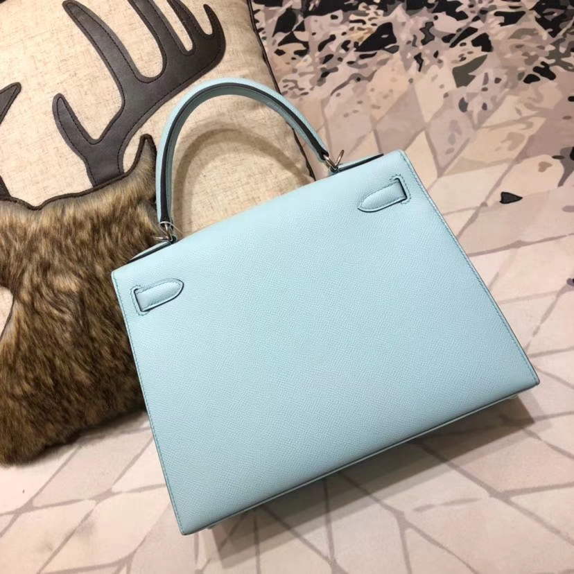 爱马仕Kelly包包 Hermes马卡龙蓝顶级Epsom牛皮凯莉包Kelly28CM 银扣