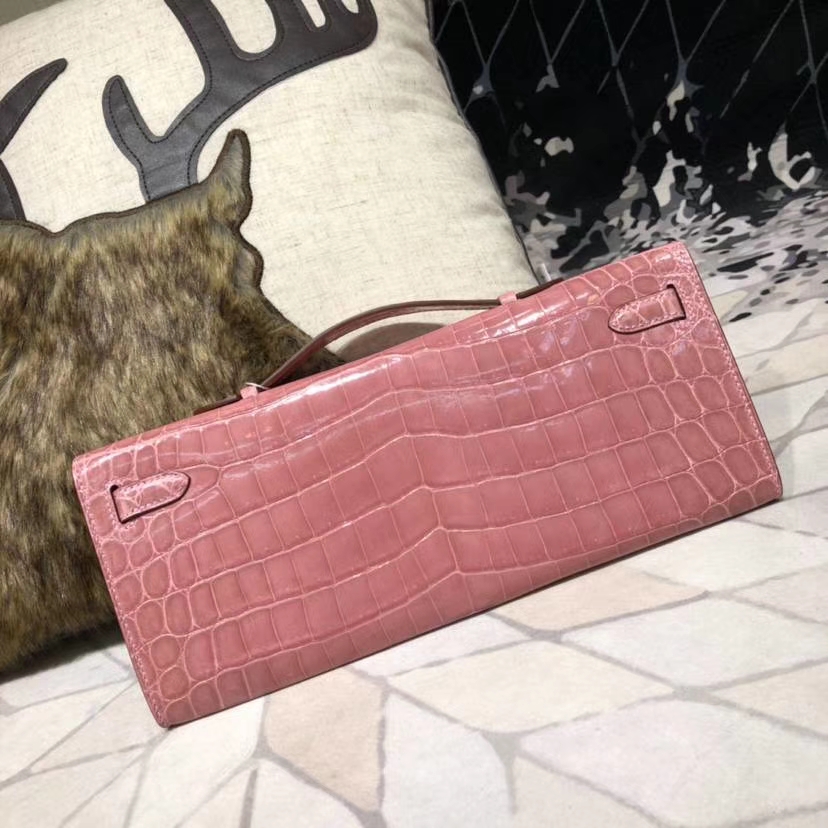 Hermes Kelly Cut 爱马仕陶瓷粉亮光尼罗鳄鱼皮晚宴手包 银扣