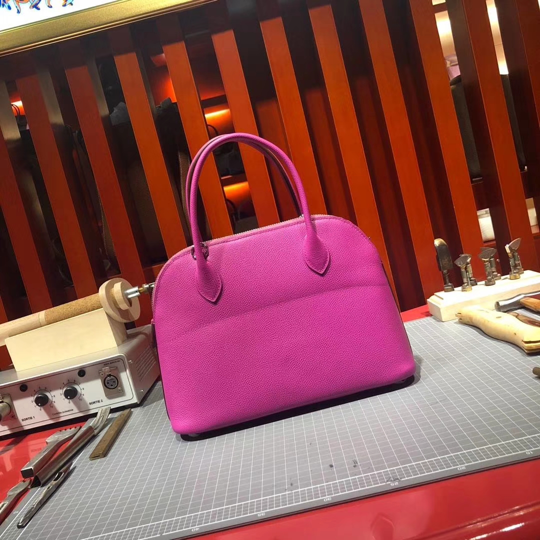 爱马仕新款女包 Hermes Bolide27CM 玉兰粉顶级Epsom牛皮保龄球包 银扣