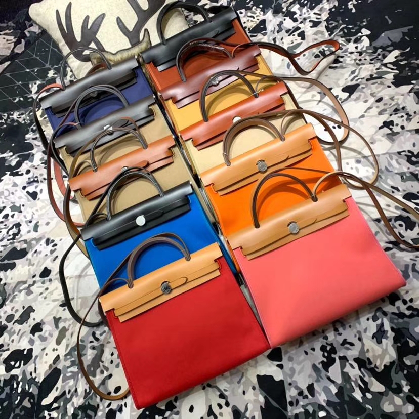 爱马仕拼色女包 Hermes Herbag31CM 多色马鞍皮拼帆布手提单肩包