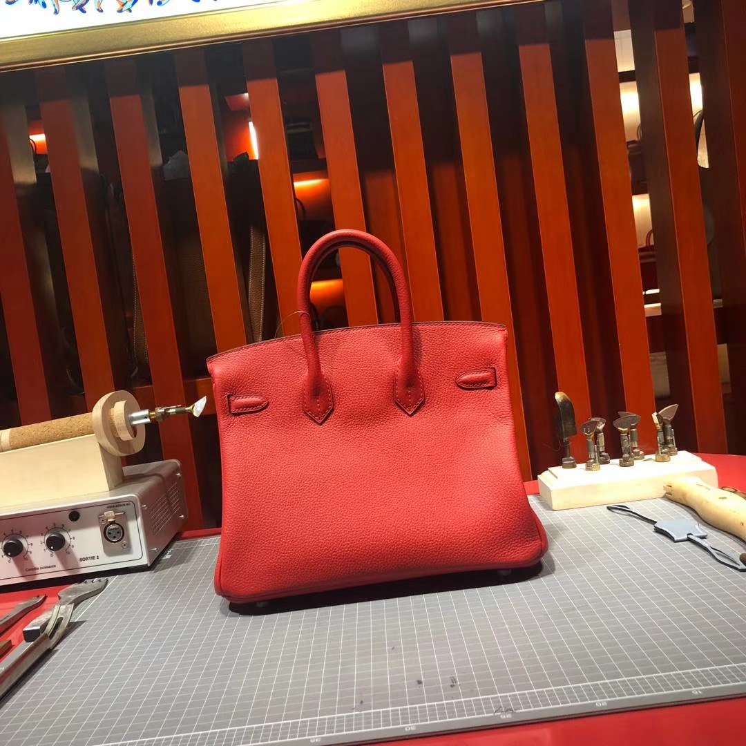 广州包包批发 Hermes爱马仕S5蕃茄红法国顶级荔枝纹牛皮铂金包Birkin25CM 金扣